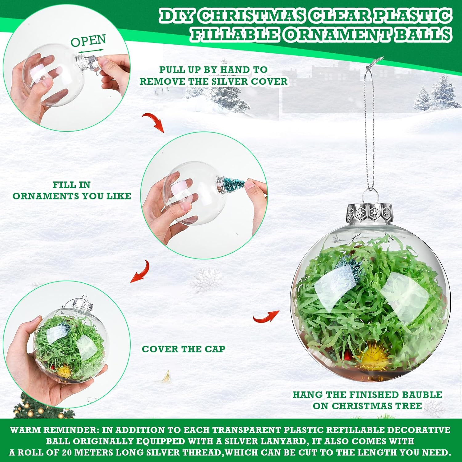50 adornos de plástico transparente con tapa y cuerda para colgar, esferas rellenables de Navidad para manualidades, árbol de Navidad, fiesta, boda,