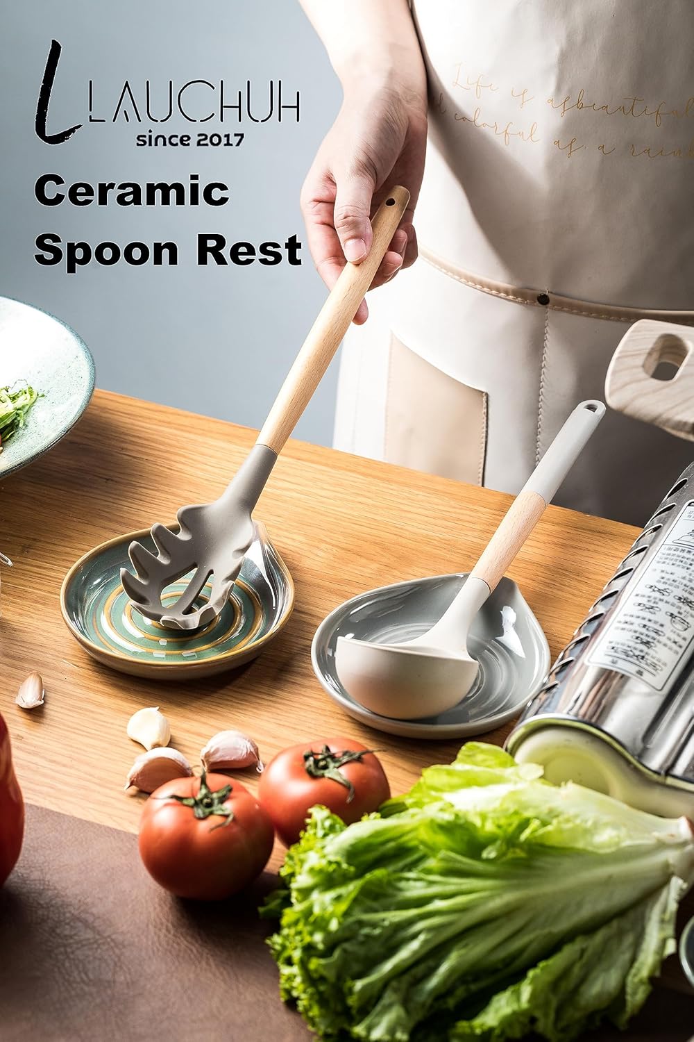 LAUCHUH Soporte para cuchara de cocina, soporte de cuchara de 5 pulgadas para encimera de cocina, soporte de espátula de cerámica para cucharón,