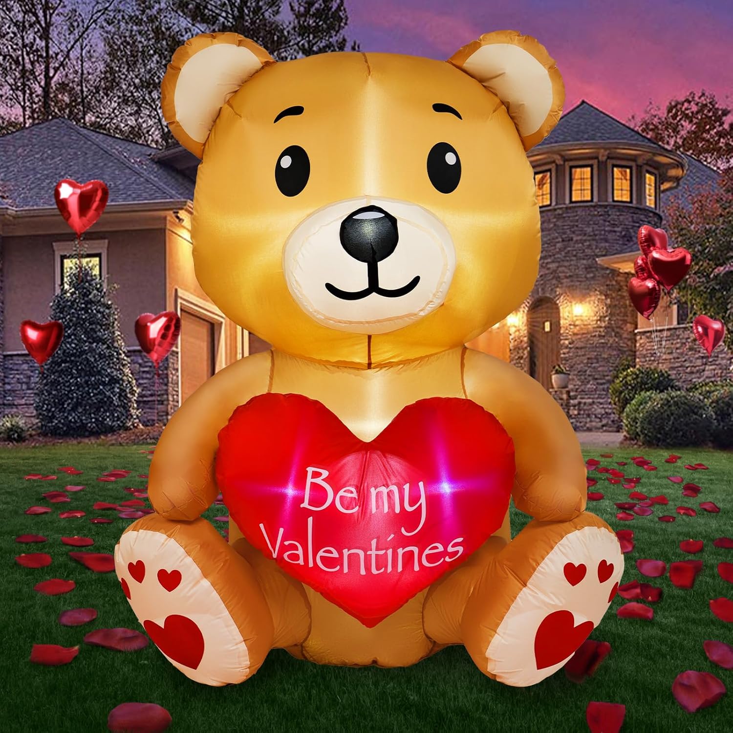 Oso inflable para el día de San Valentín de 4 pies con corazón de amor, decoración del día de San Valentín, luces LED RGB integradas, regalo del día