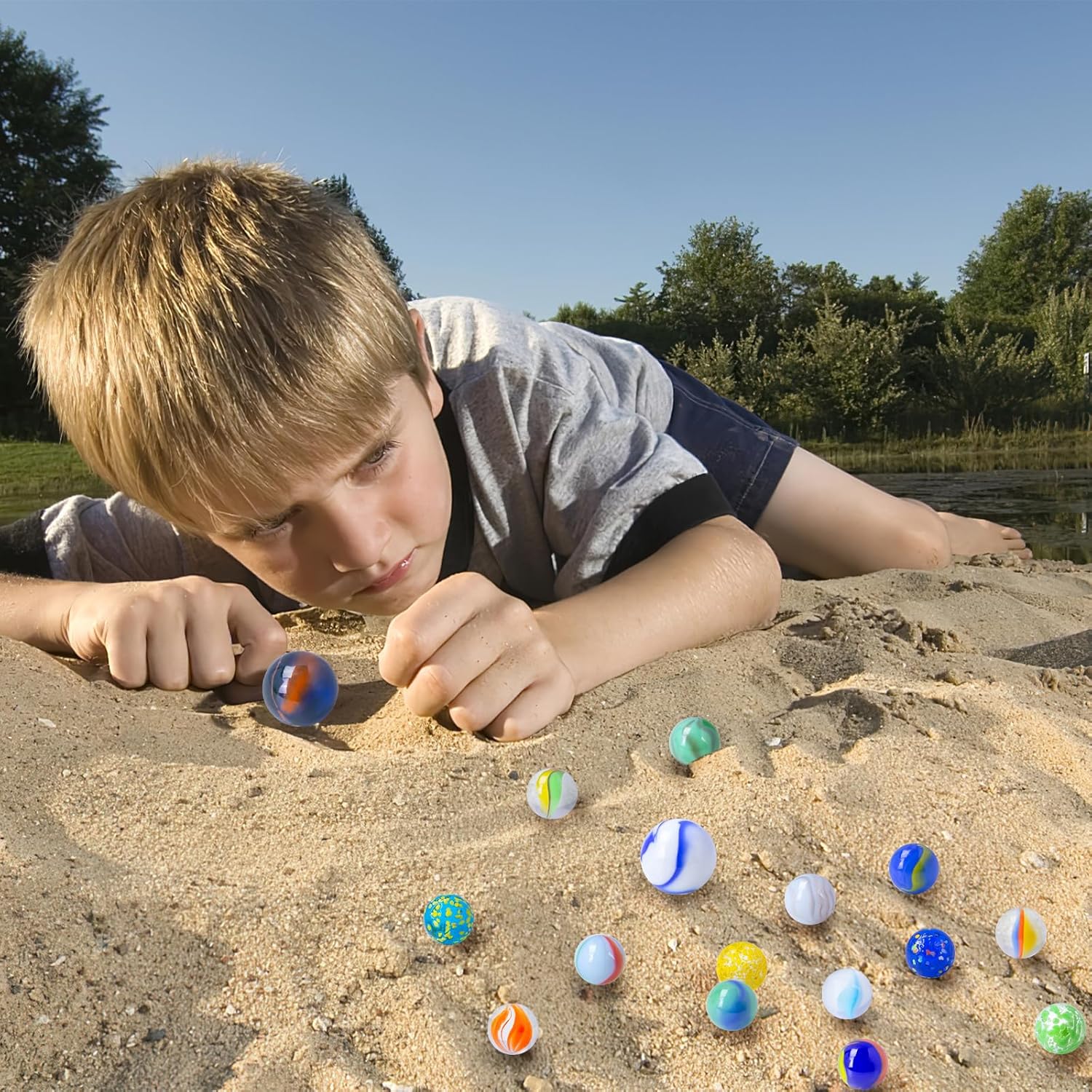 Shindel 125 piezas de canicas de vidrio a granel, cuentas de vidrio redondas con tarro de mármol estilo surtido canicas para niños, juego de canicas