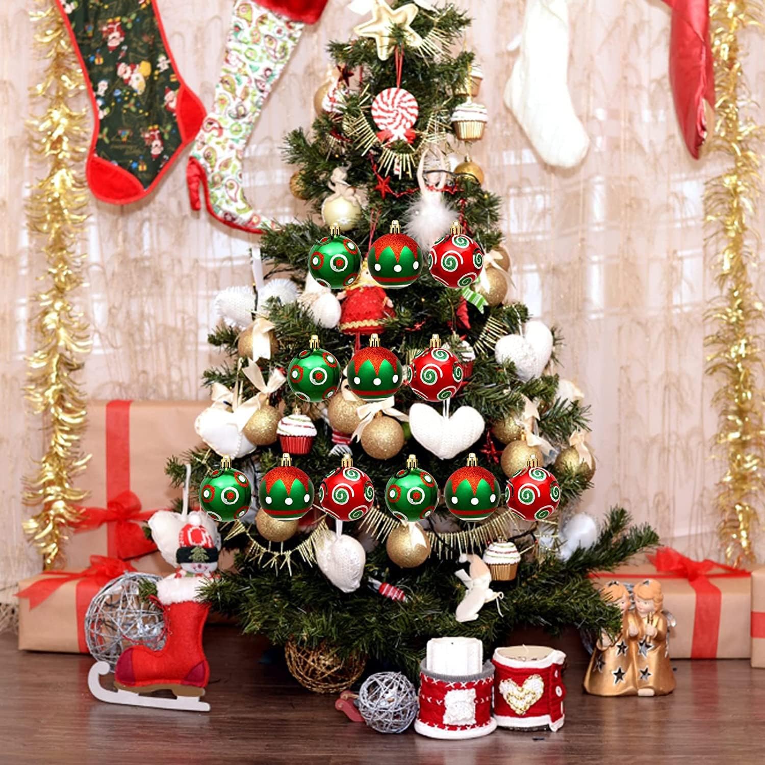 Juego de 30 bolas de Navidad para decoración de árbol de Navidad, 2.4 in, inastillables, adornos para árbol de Navidad, corona de Navidad y