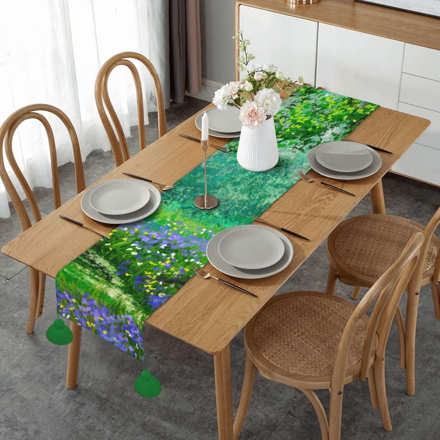 Camino de mesa de Navidad con bosque de árbol verde, decoración de mesa de comedor, decoración de Navidad, decoración de interiores del hogar,