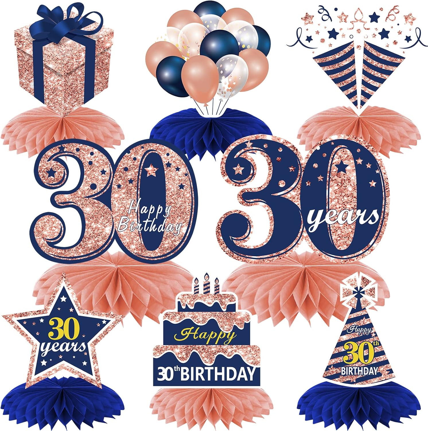 Turypaty Decoraciones de 30 cumpleaños color oro rosa, azul marino, centros de mesa de panal de abeja, 8 piezas de centros de mesa de cumpleaños de