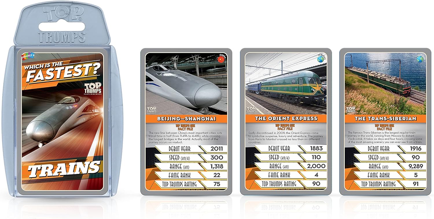 Top Trumps Trains Classics – Juego de cartas, aprende sobre el metro de Londres, los trenes de hielo alemanes y Beijing Shanghai en este juego