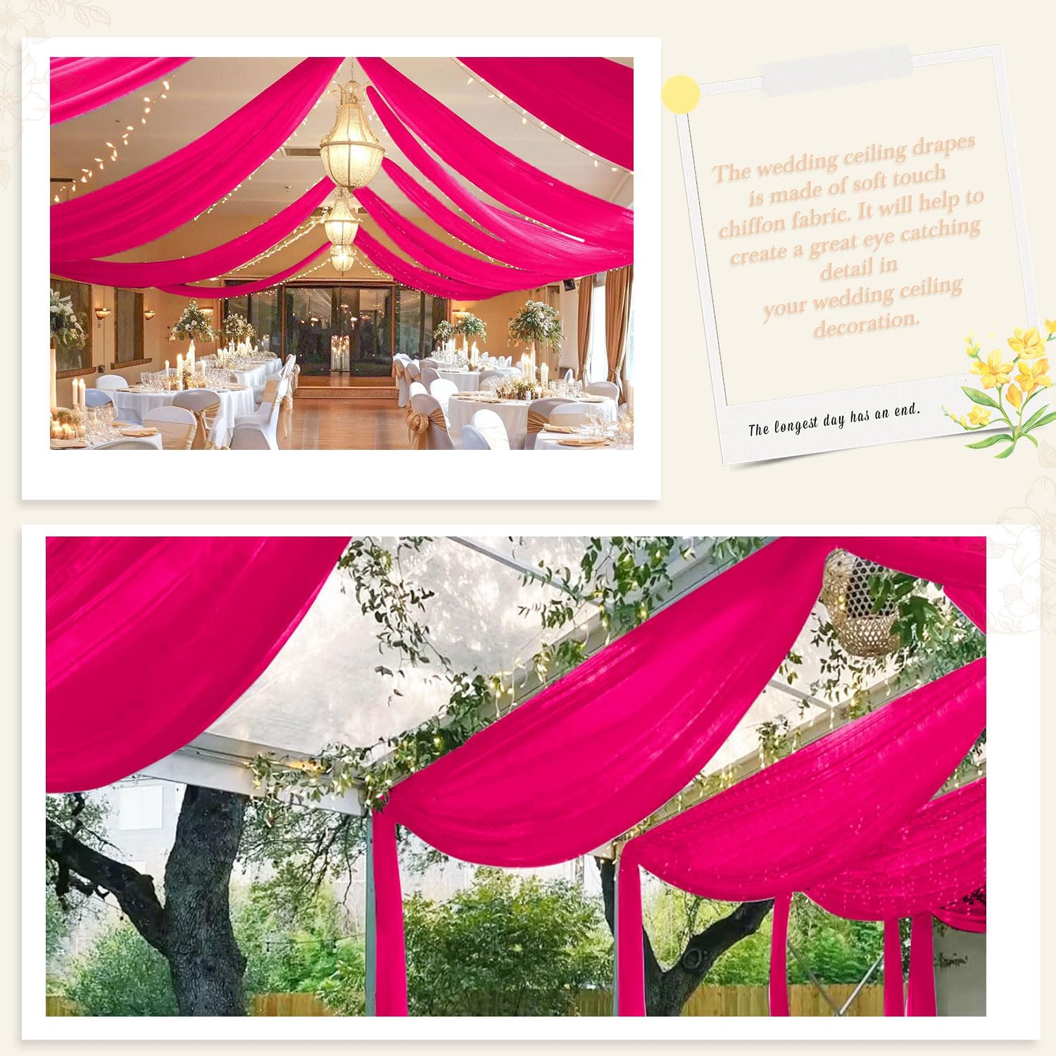 PATYDEST Cortinas de techo para bodas, 5 x 20 pies, tela de gasa rosa intenso para ceremonia de boda, cortinas de techo de tela transparente,