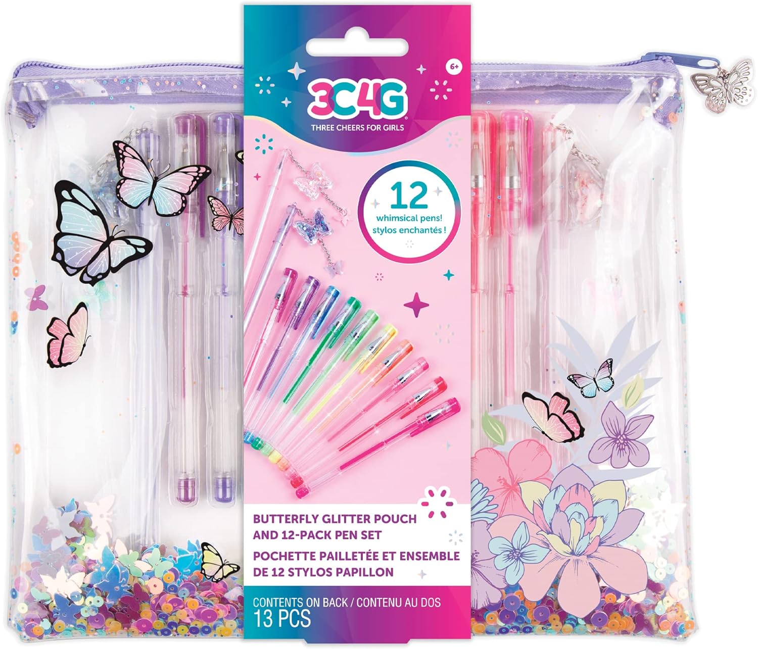 3C4G Three Cheers for Girls – Juego de 10 bolígrafos de gel de colores para niños, 2 bolígrafos de escritura de mariposa para niños y estuche de