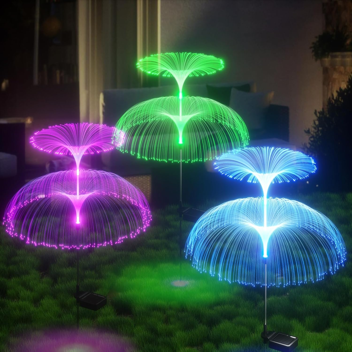 3Pick-Solar Garden Lights Waterproof, Double-Layer Jellyfish Solar Lights, 7 Color Changing Decoration, Waterproof Decorative Stake Fiber Light for