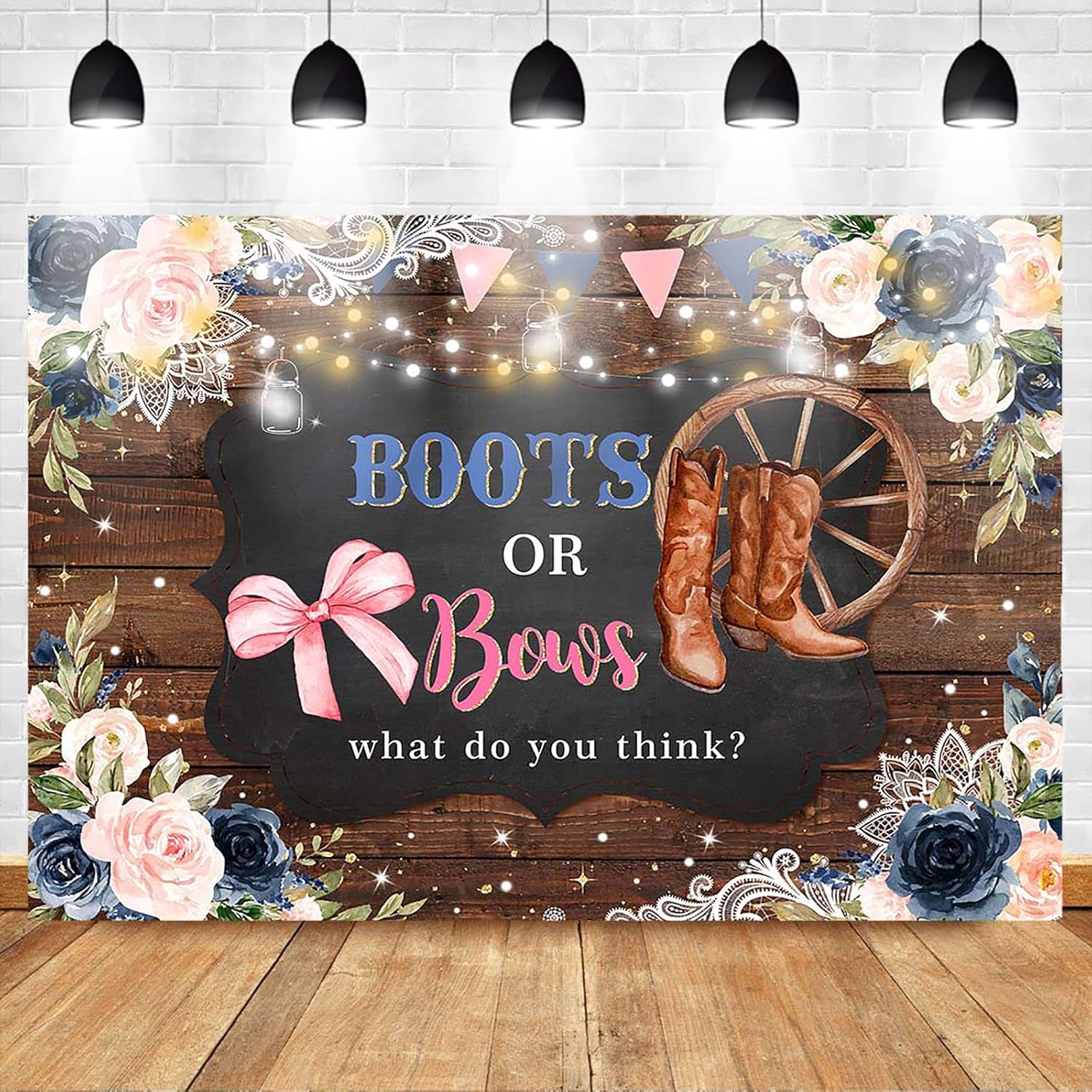 Mocsicka Fondo para revelación de género, botas o lazos, de madera rústica, floral, decoración de fiesta de baby shower, fondo de revelación de