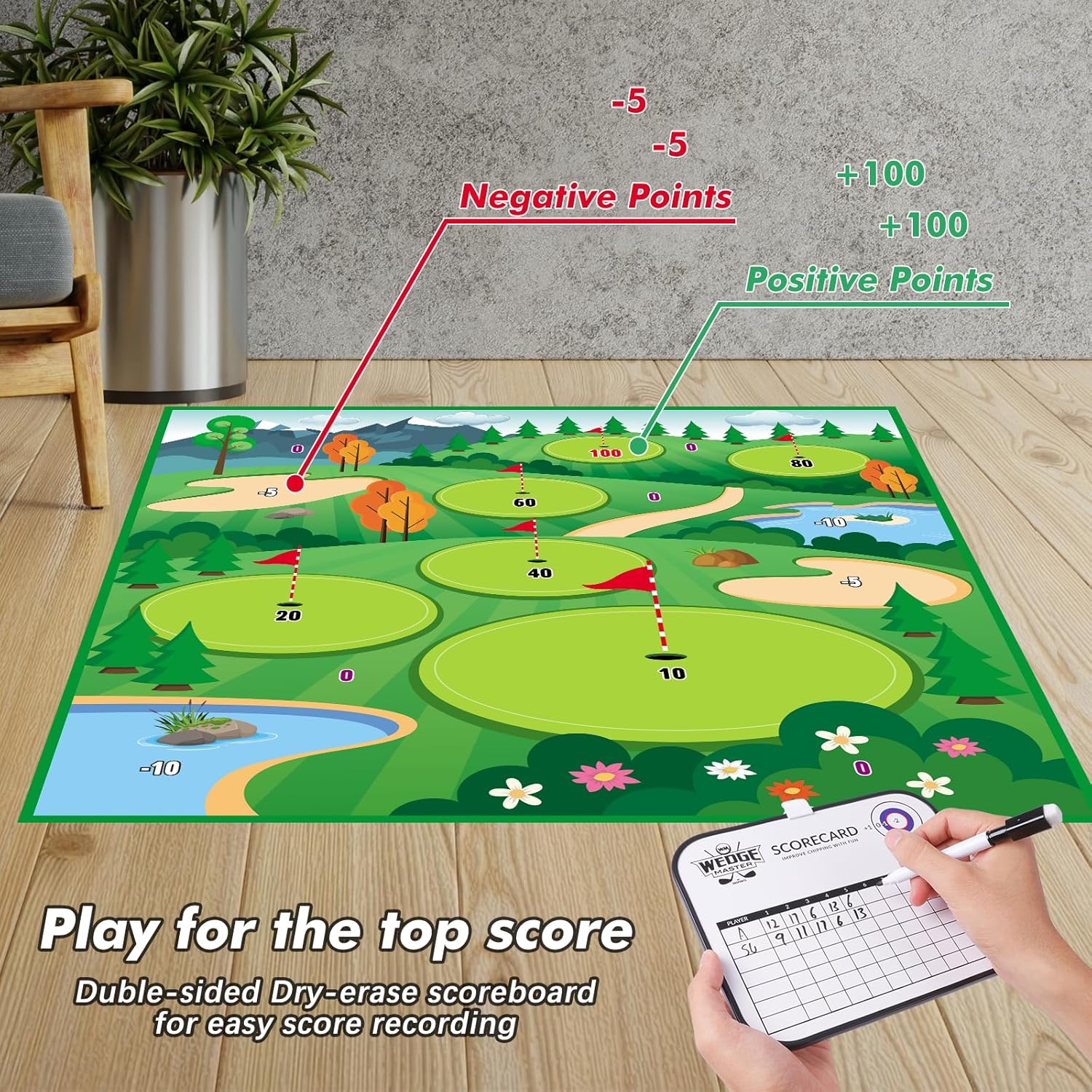 VATOS Alfombrilla de golf con 2 palos, 70 x 70 pulgadas, tapete de entrenamiento de golf para interiores y exteriores, para niños, adultos, familia,