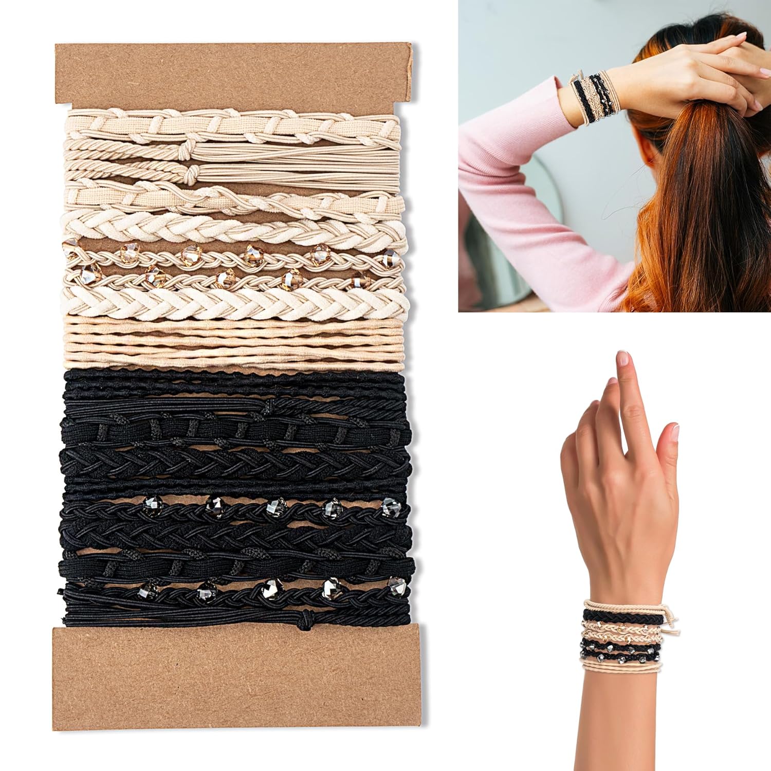 Metyond 20 pulseras bohemias para el cabello, lazos elásticos para el cabello, lazos para el cabello fino, 5 estilos de pulseras de doble uso y