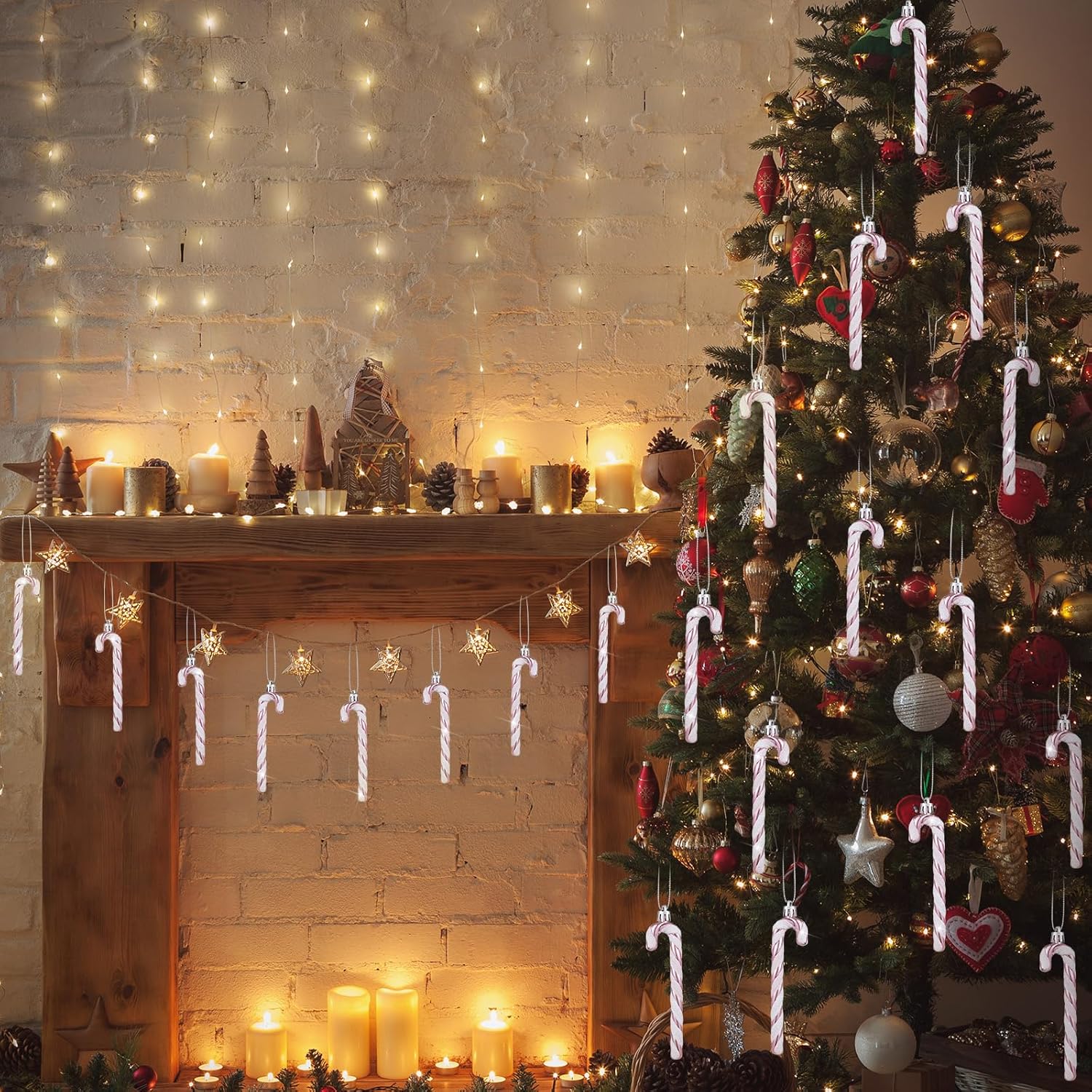 Sotiff Bastones de caramelo de Navidad, adornos de plástico con purpurina, bastón de caramelo para árbol de Navidad, decoraciones colgantes para