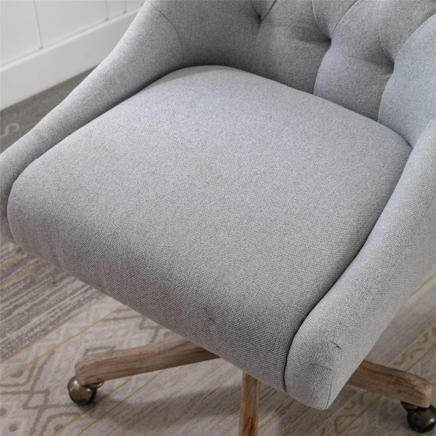 TURRIDU Silla de oficina giratoria, moderna silla giratoria tapizada de lino copetudo con base de madera y ruedas, silla de trabajo ajustable en