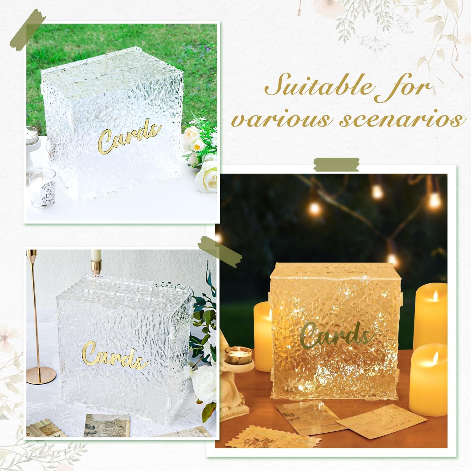 OurWarm Caja de tarjetas de boda de acrílico con cadena de luz, caja de tarjeta de regalo grande para recepción de boda, ondulación de agua, sobre