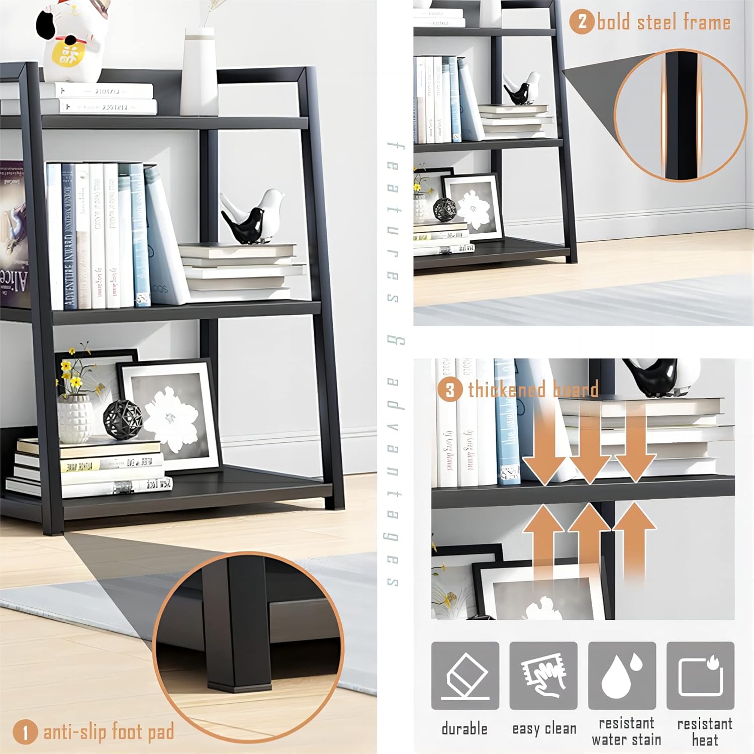 IOTXY Estantería abierta de 4 niveles, soporte de exhibición de acero y madera, estantería de pie de 19.7 in de ancho, color dorado