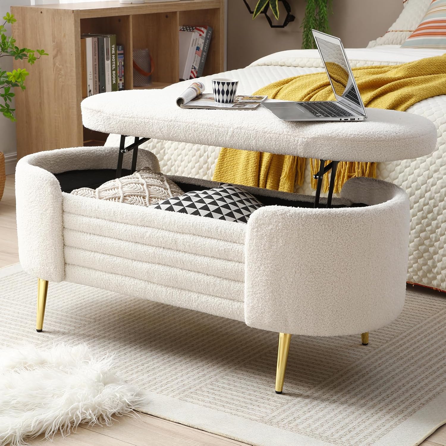 Homtique Banco otomano moderno de almacenamiento, banco de almacenamiento tapizado de tela Sherpa de 47.6 pulgadas, banco de almacenamiento con