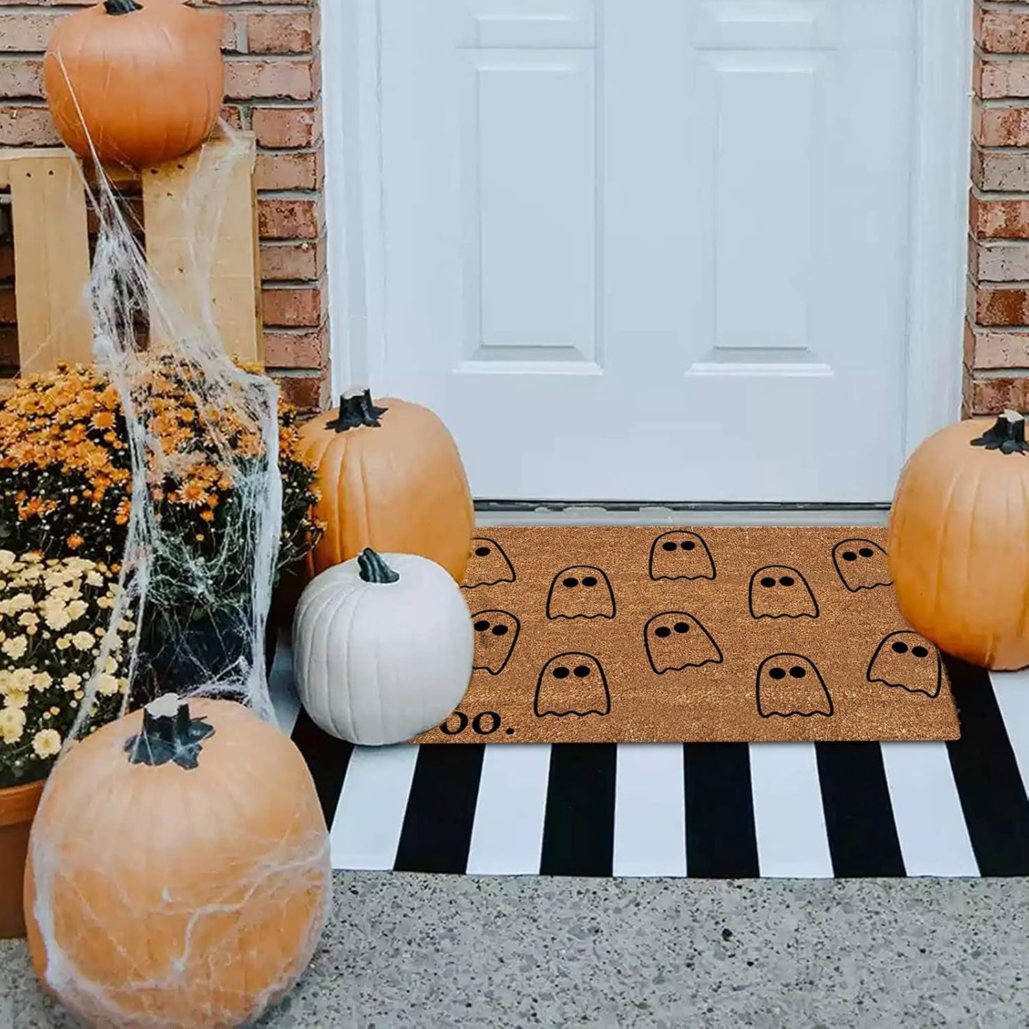 Felpudos interiores de calabaza de Halloween para puerta delantera, 23.6 x 15.7 pulgadas, diseño de Hello Come On in We Been Expecting You,