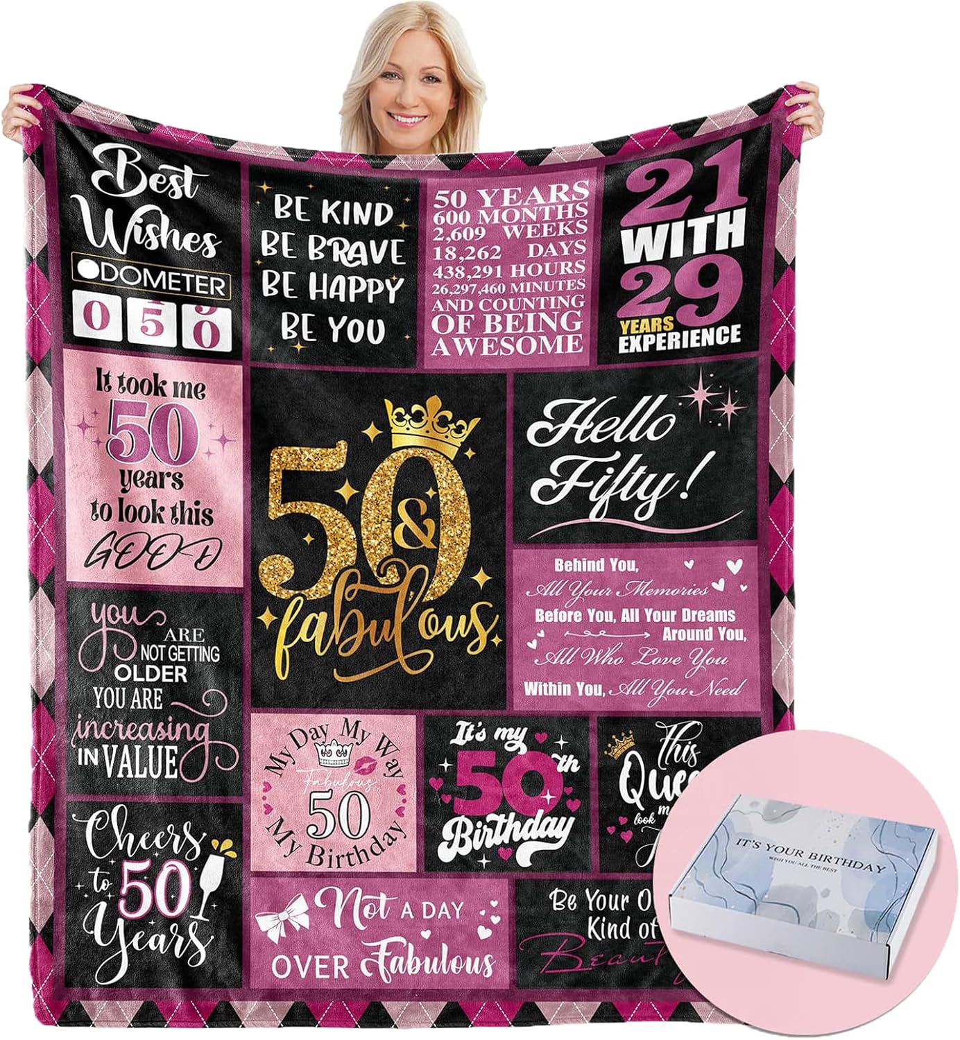 Regalos de cumpleaños número 50 para mujeres, manta de cumpleaños 50 con caja de regalo, decoraciones de cumpleaños 50 ideas de regalo para ella,