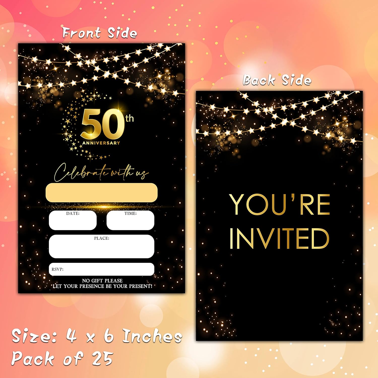 Tarjetas de invitaciones de 50 aniversario, invitaciones de aniversario de boda con purpurina negra y dorada con sobres, tarjetas de invitaciones