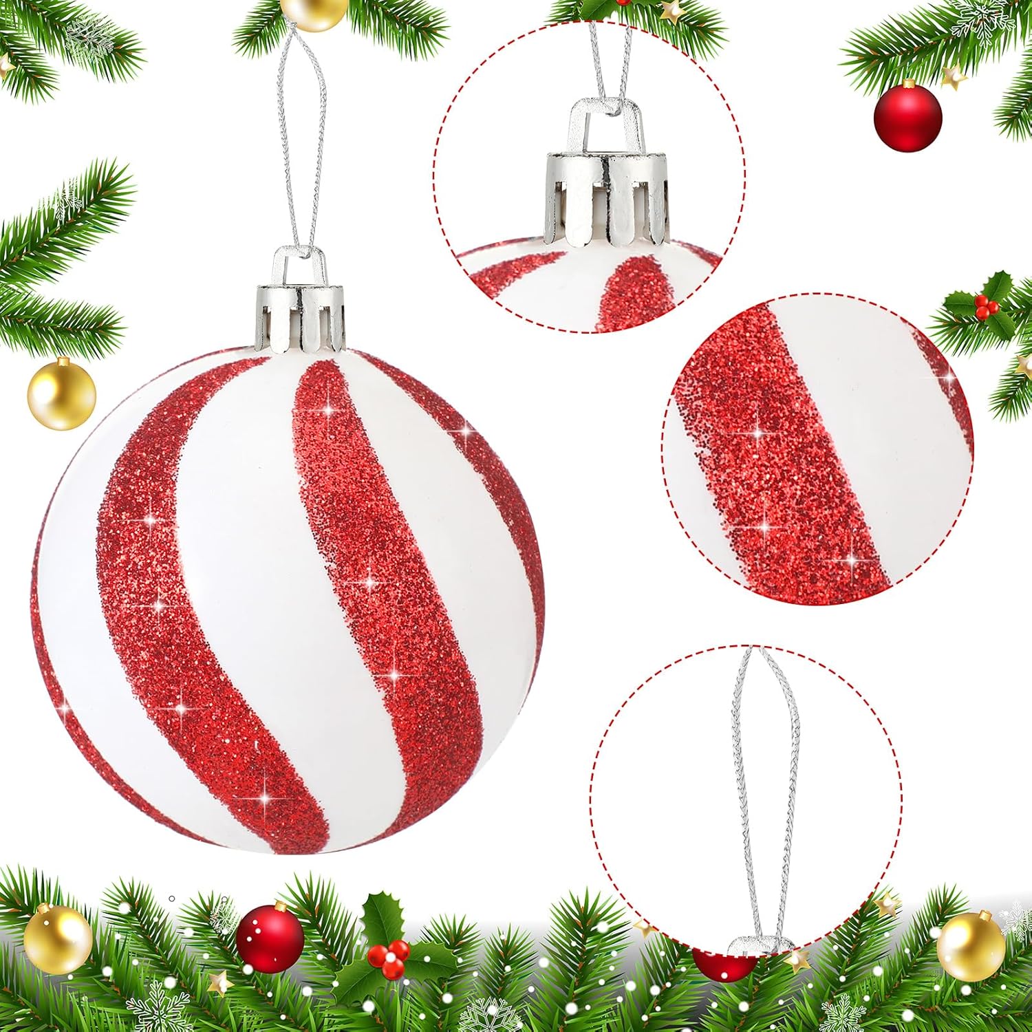 20 bolas de Navidad de 2.36 pulgadas, colgantes de plástico, adornos colgantes para árbol de Navidad, bolas rojas y blancas de menta para árbol de