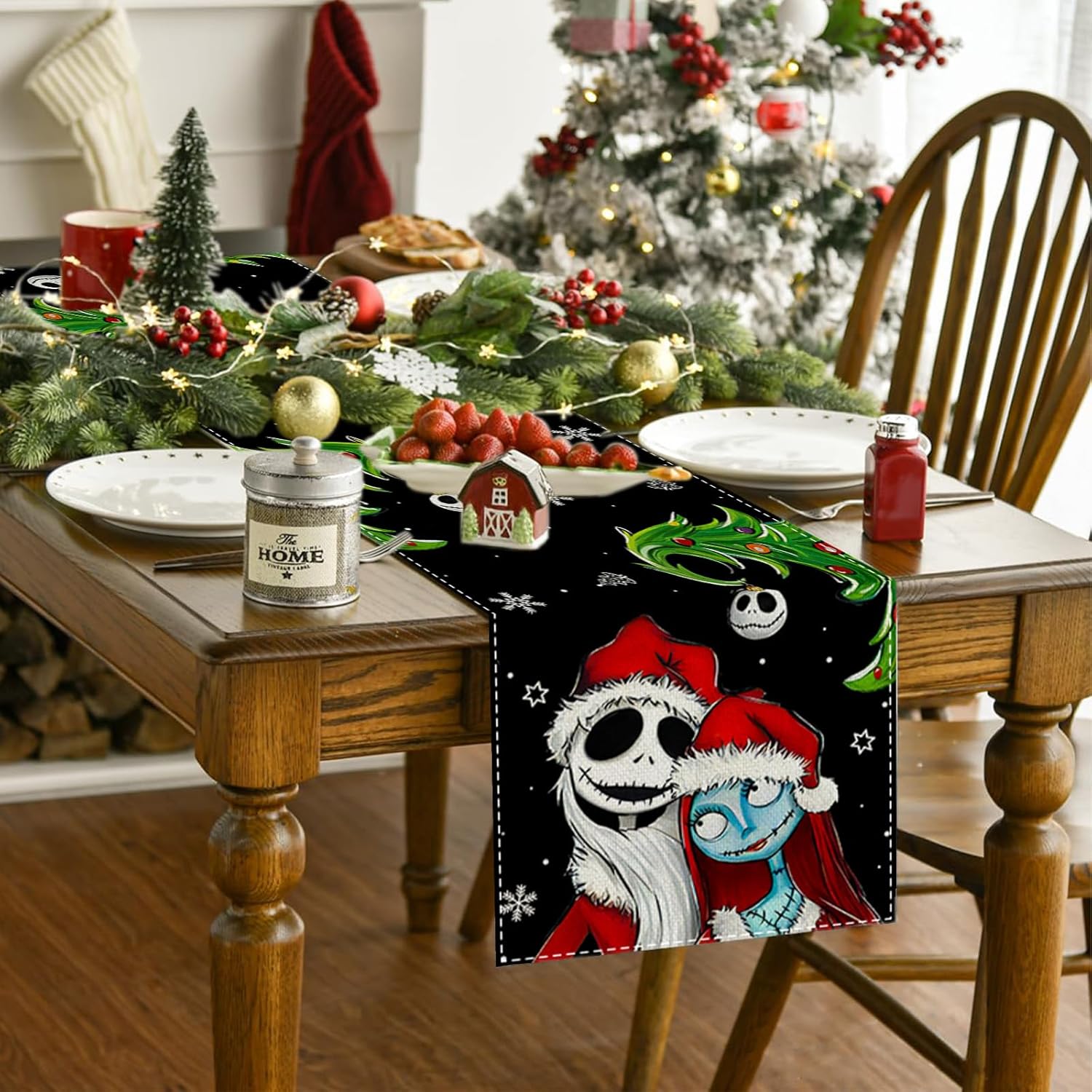 Camino de mesa de Navidad, mantel de Halloween, Pesadilla del antes de Navidad, decoración navideña de Jack y Sally para fiesta en el hogar