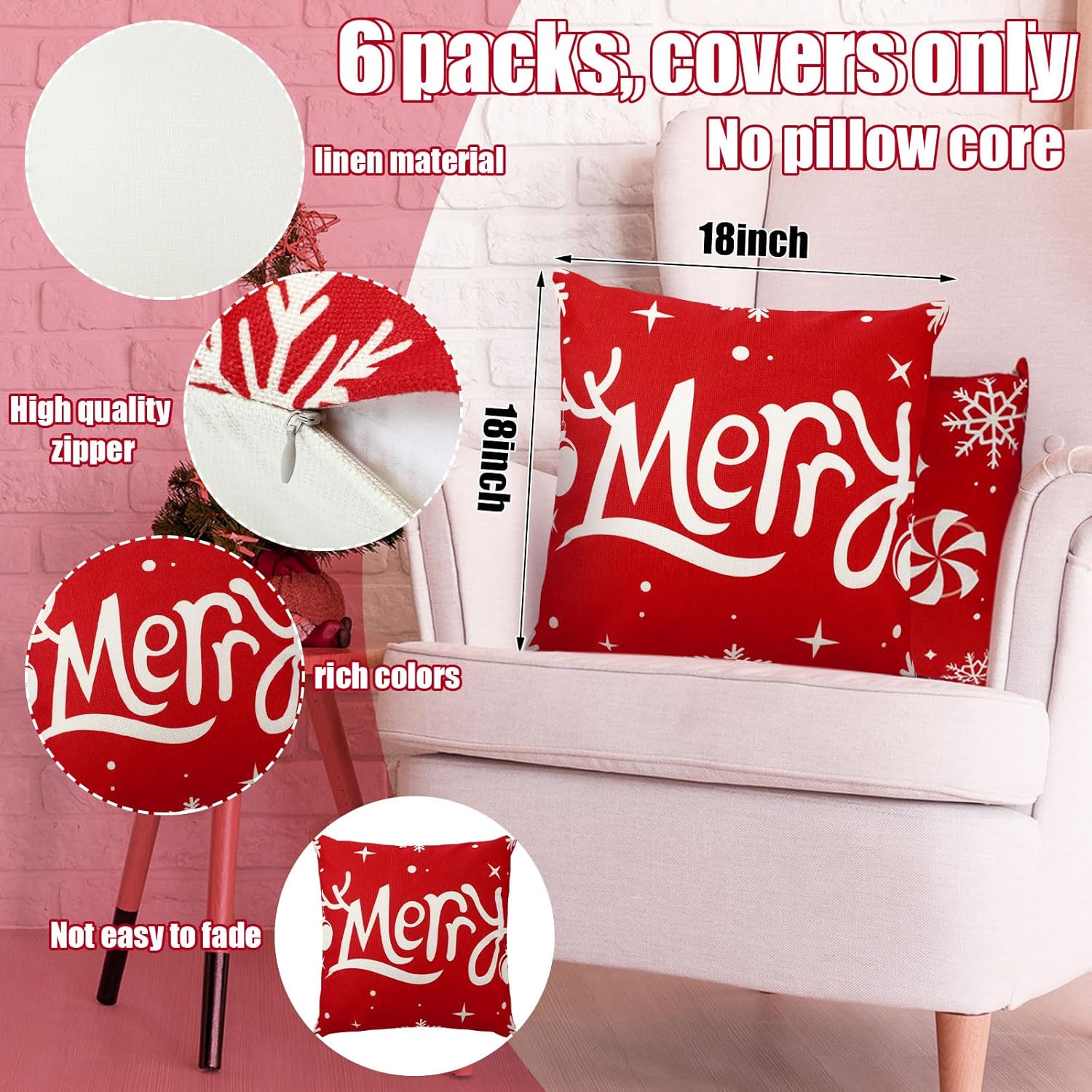 Buryeah Juego de 6 fundas de almohada de Navidad de 18 x 18 pulgadas, fundas de almohada decorativas de bastones de caramelo, fundas de almohada