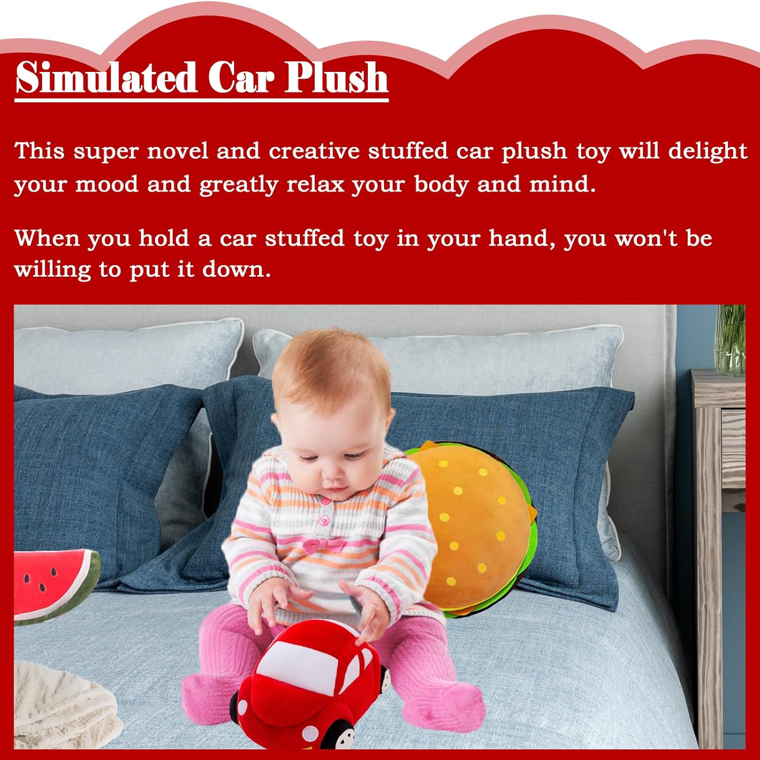 Almohada roja de peluche en forma de coche con forma de juguete lindo regalo para niños, 11.8 pulgadas
