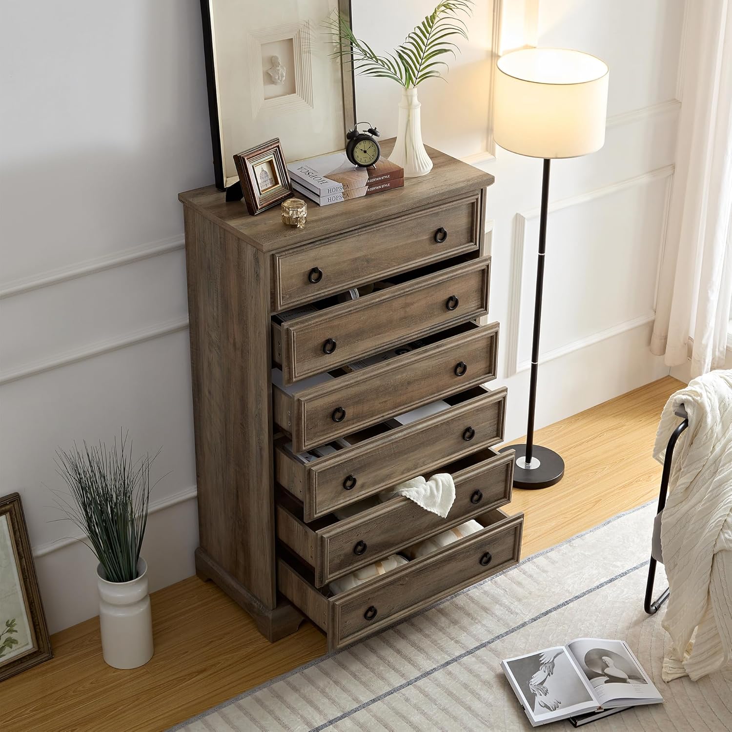 Henf Cómoda moderna de 6 cajones para dormitorio, cómoda alta de madera, organizadores de armario y almacenamiento de ropa, unidad organizadora de