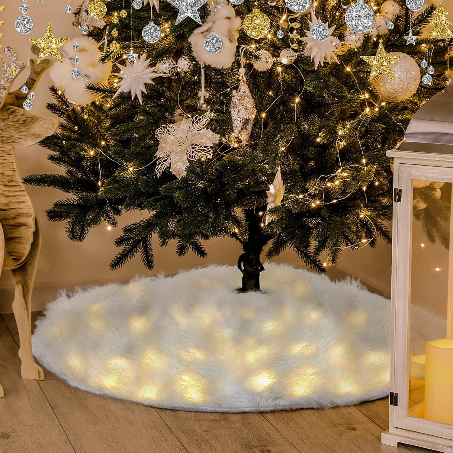 Falda de árbol de Navidad con luz LED, falda de árbol de piel sintética de felpa blanca iluminada, manta de nieve de Navidad para decoración de