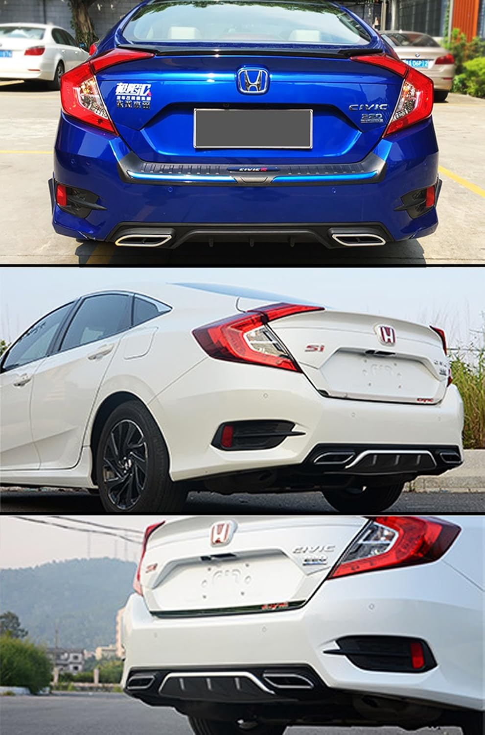 Difusor de parachoques trasero de aleta de tiburón negro con punta de escape decorativa compatible con Honda Civic 4 puertas Sedan 2016-2018