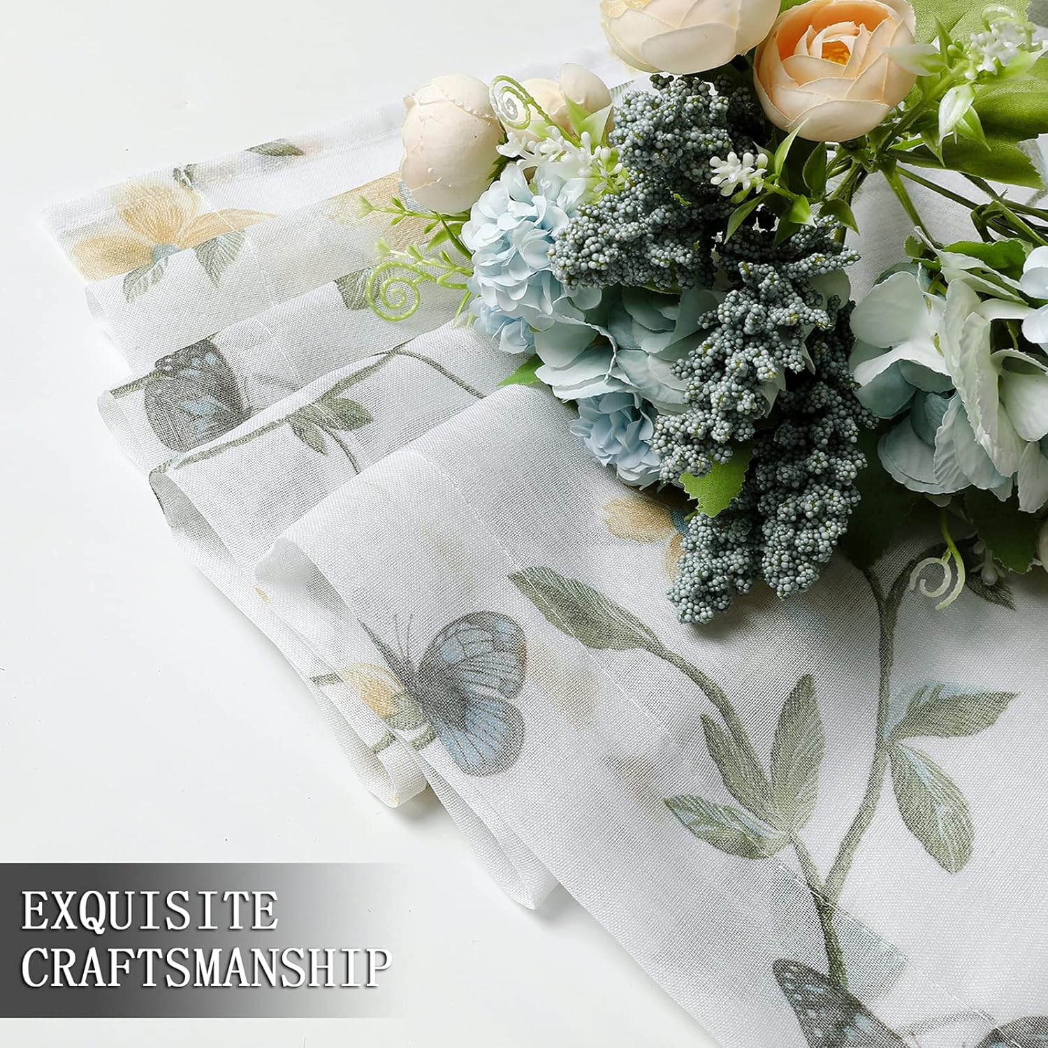 Tollpiz – Cortina floral transparente, con diseño de mariposas y flores para dormitorio, cortina para ventana de lino sintético con barra para