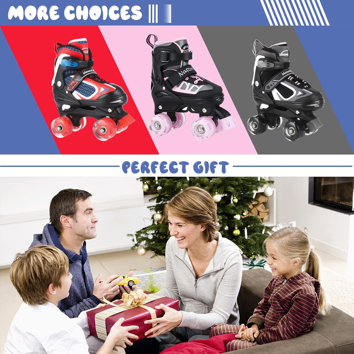 Nattork – Patines de ruedas para niños y niñas, 4 tamaños, patines ajustables con ruedas iluminadas, divertidos patines para niños pequeños,