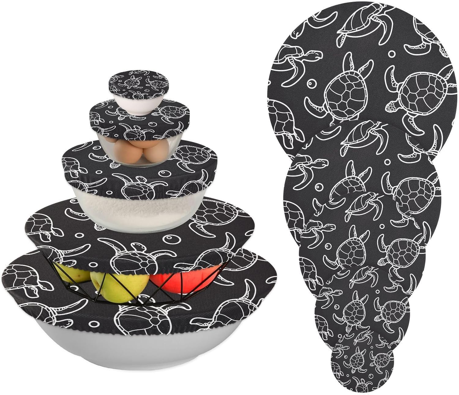 Turtles 5PCS Reusable Elastic Bowl Covers for Food Storage Stretch Cloth Fabric Lids with 5 Different Sizes Waterproof Bowl Covers for Food Fruits