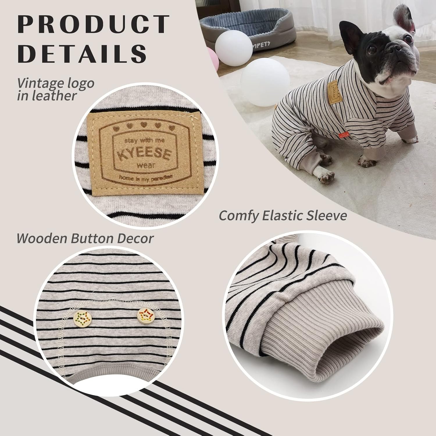 KYEESE Pijama para perros pequeños, elástico de 4 patas, enterizo de perro a rayas, para cubrir el cabello, marrón marfil, L