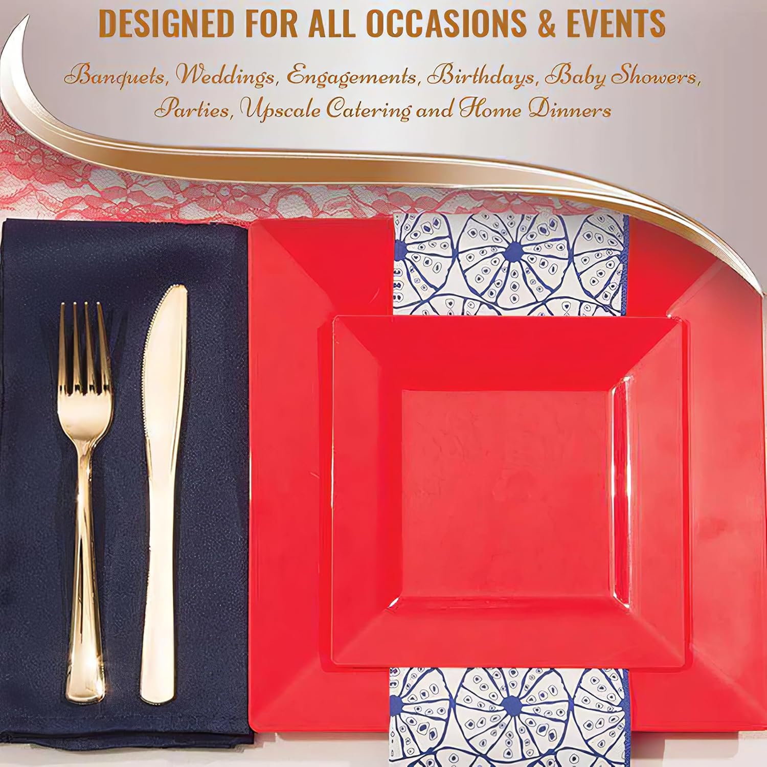 Elegantes platos llanos cuadrados rojos, 9.5 pulgadas (paquete de 10), perfectos para bodas, fiestas de cumpleaños, festivales y más
