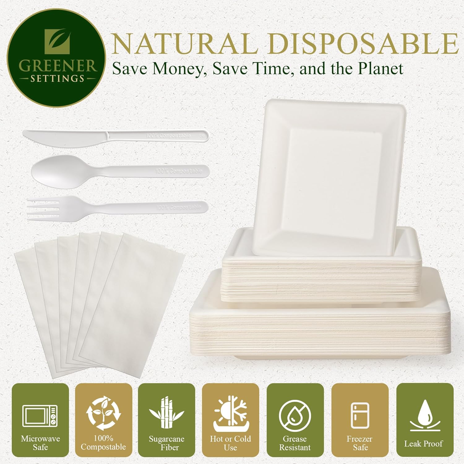 Greener Settings Juego de vajilla compostable de 300 piezas, platos ecológicos de caña de azúcar, biodegradables y desechables, 50 platos cuadrados,