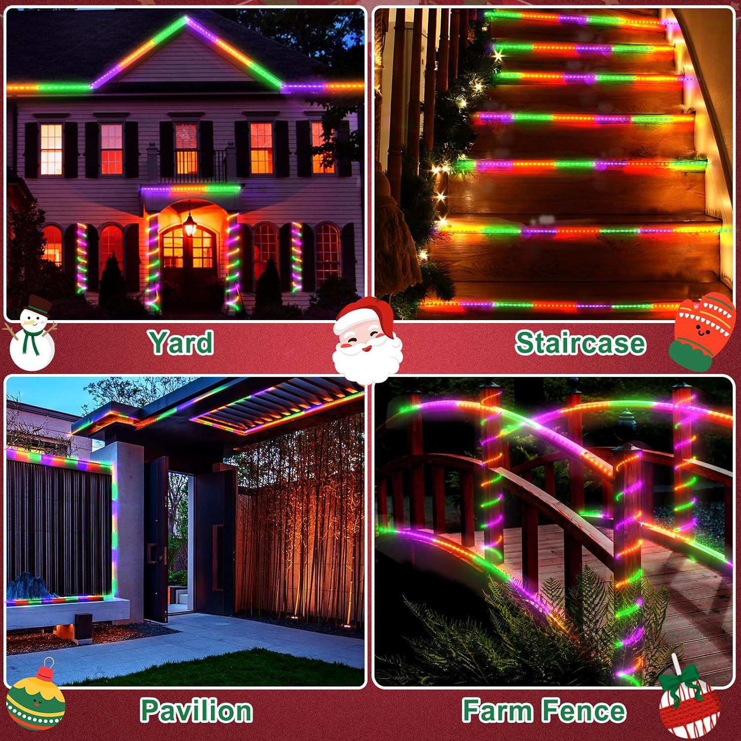 Cuerda de luces LED impermeables para exteriores, luces LED, luces de cadena de luces moradas, verdes y naranjas con 8 modos, función de memoria y