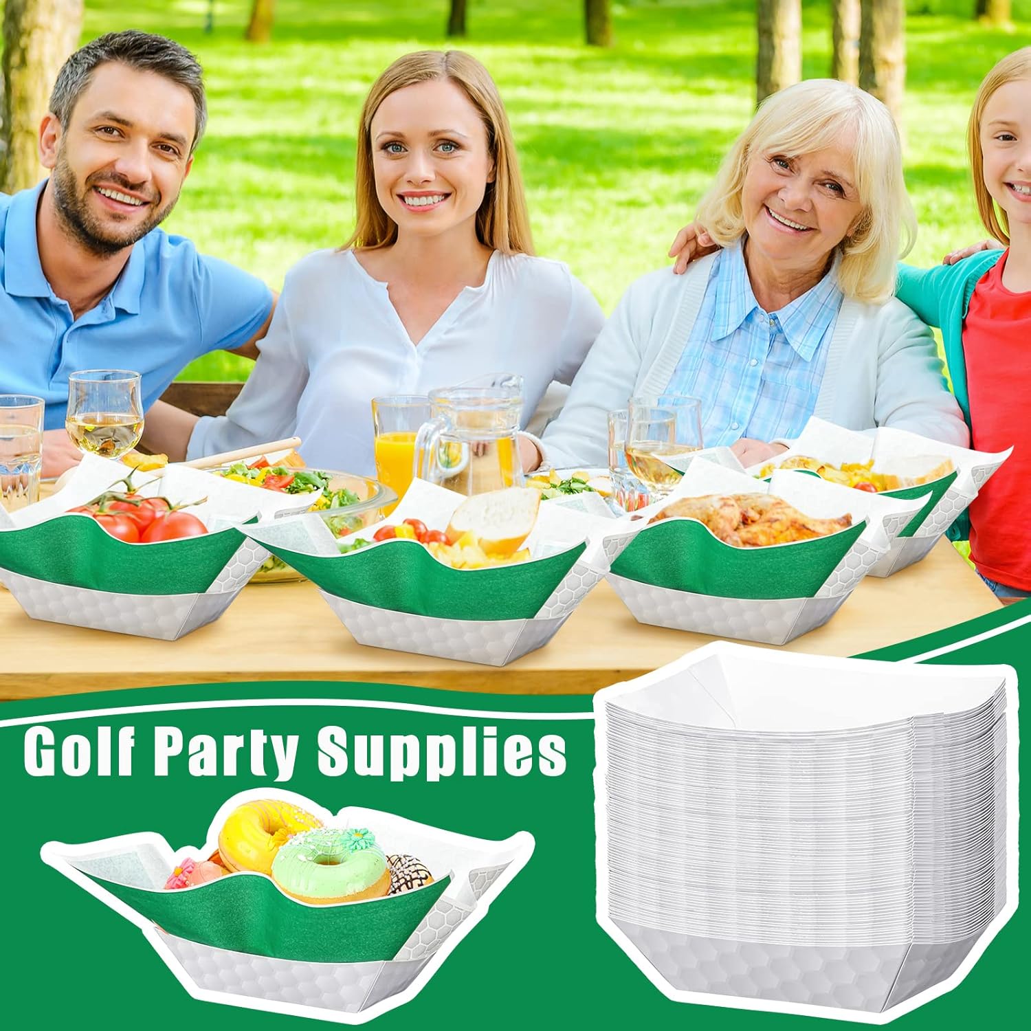 100 piezas de suministros de fiesta de golf sirven 50, bandejas de comida de papel de golf, botes de comida con hojas de papel encerado para niños,