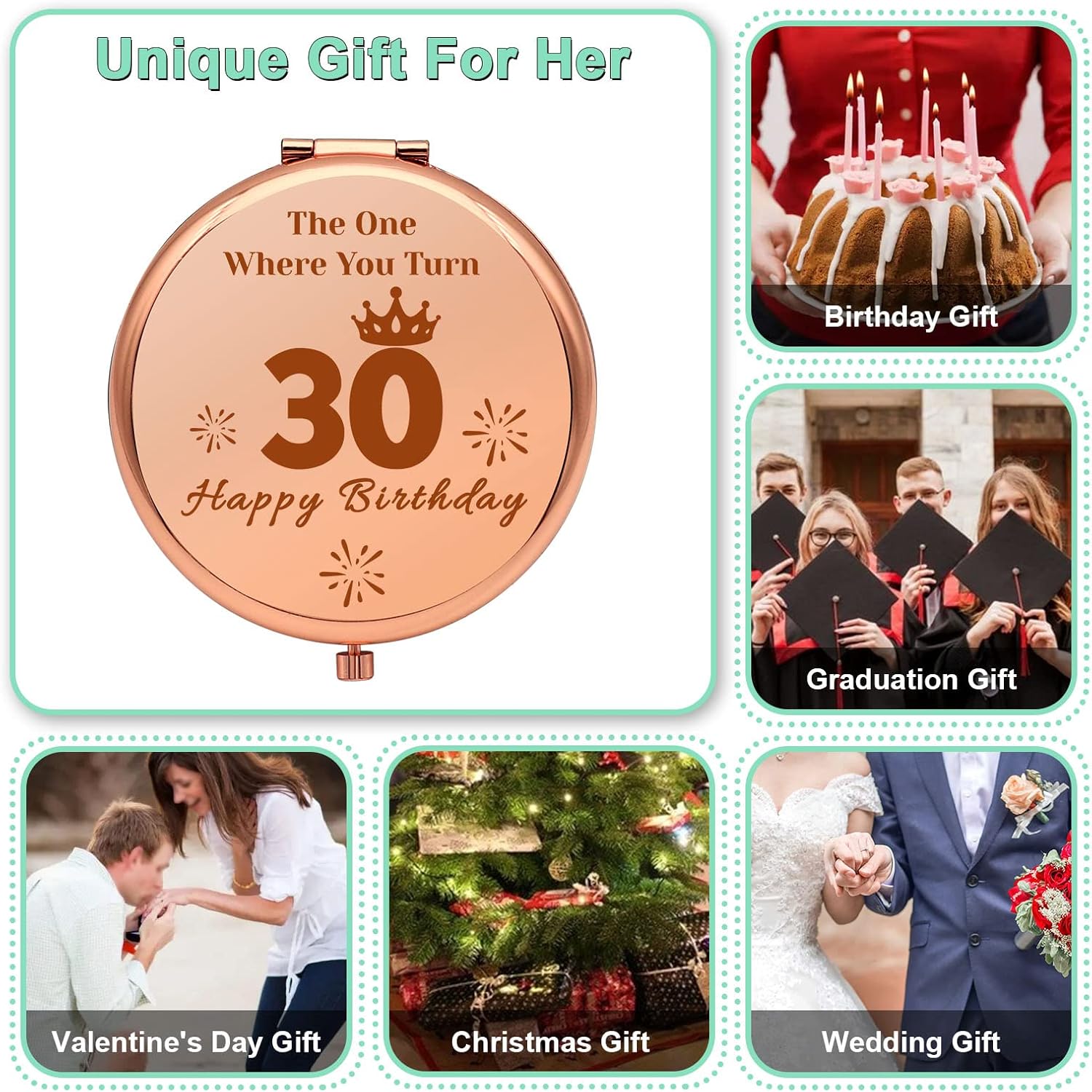 Regalos de cumpleaños 30 para mujeres, espejo de maquillaje compacto para hija, hermana, mejor amiga, divertidos regalos de cumpleaños de 30 años