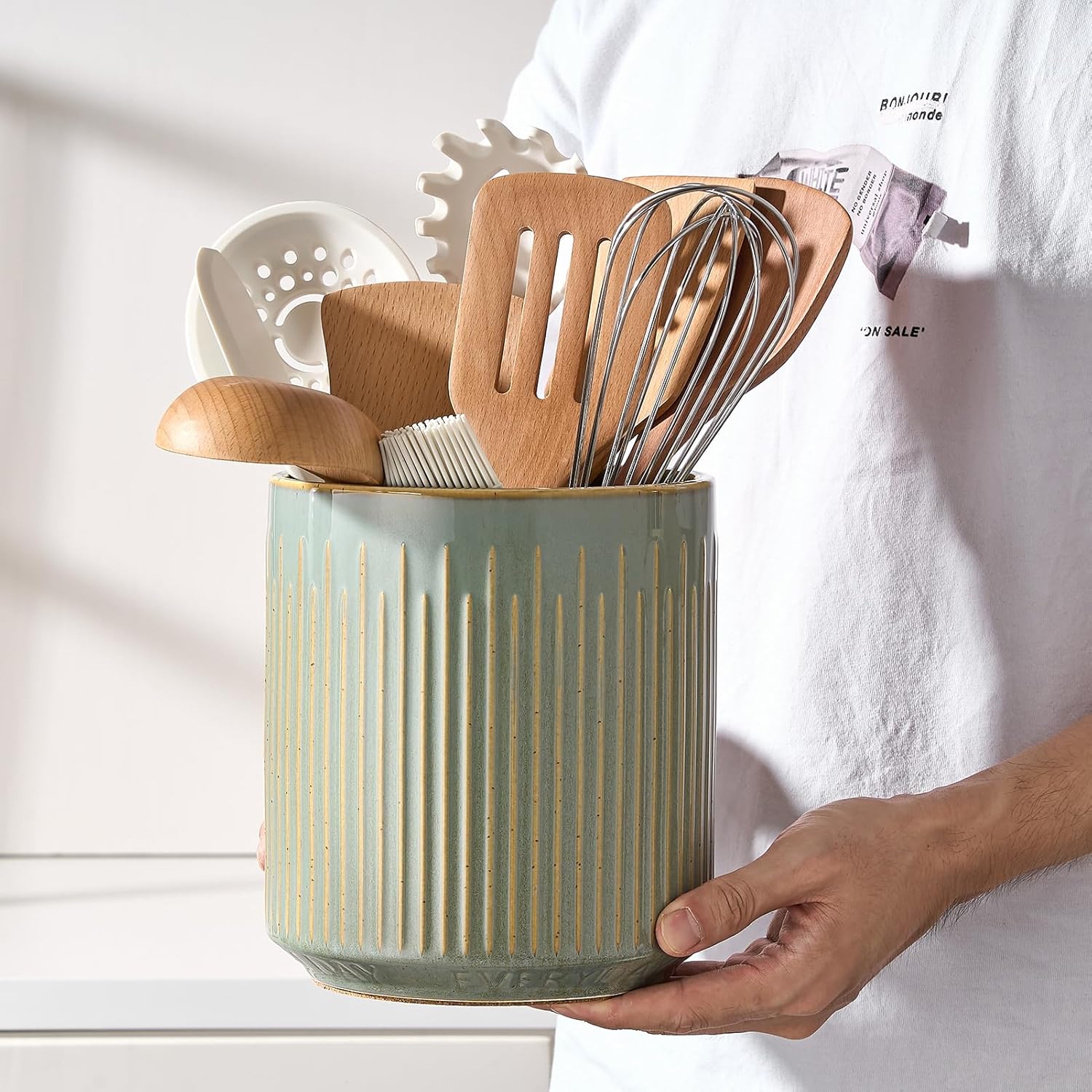 JIEMEI HOME – Soporte para utensilios de cocina, recipiente estable de cerámica para encimera de cocina, organizador grande de utensilios de 7.2