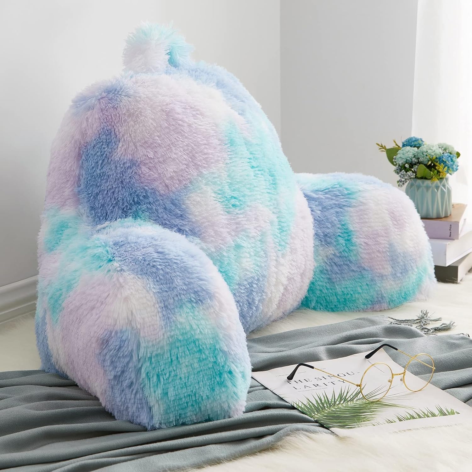 Bedriping Almohada de lectura para cama para adultos, almohada de respaldo de piel sintética con brazos, almohada ergonómica para sentarse en la