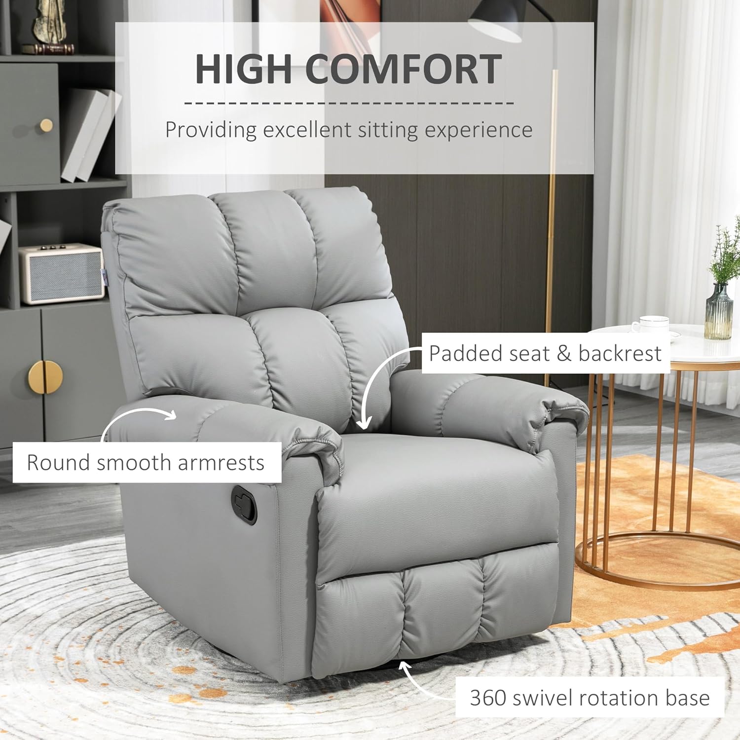 HOMCOM Rocker – Silla reclinable con respaldo y asiento sobrerelleno, silla reclinable manual de piel sintética con reposapiés y base de rotación