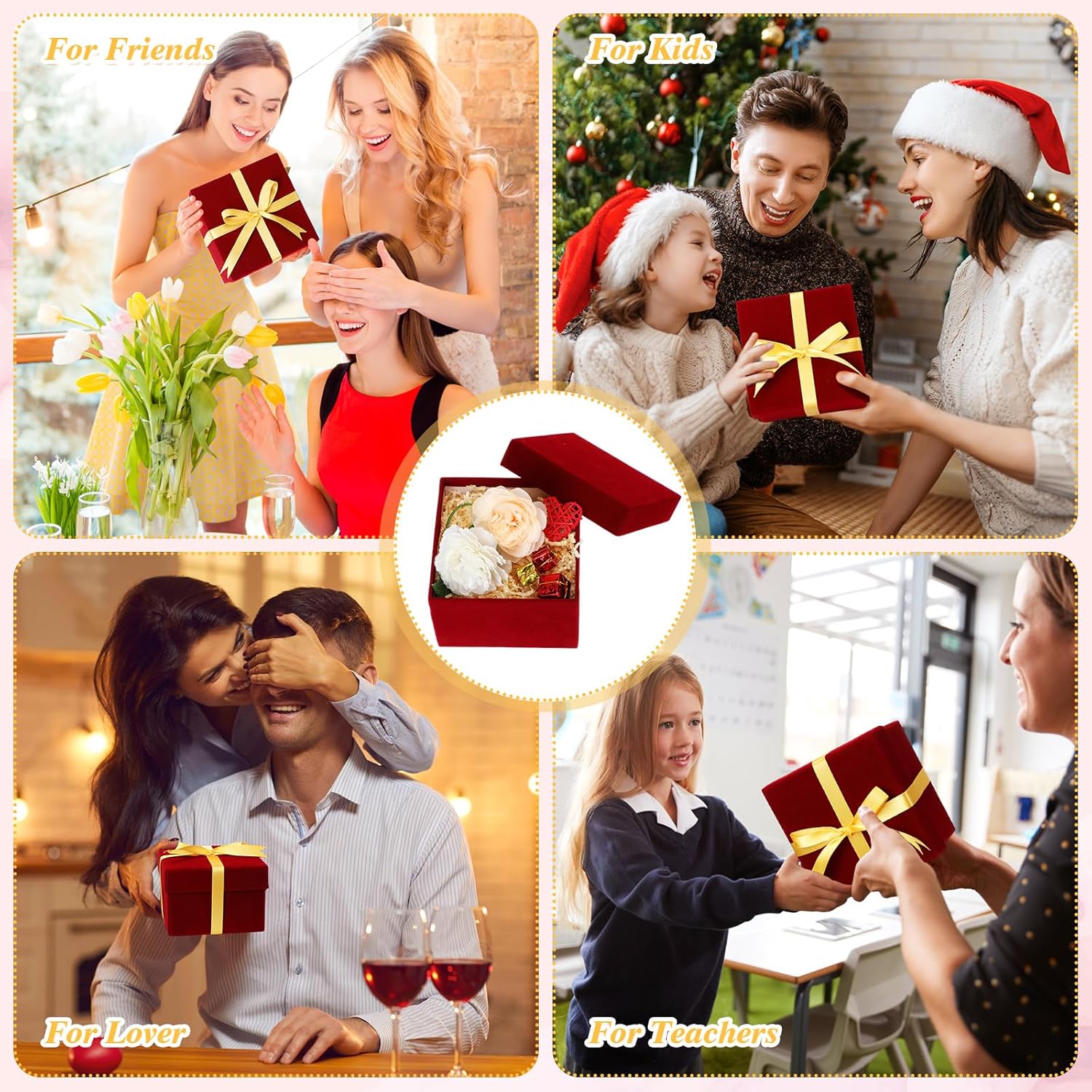 Fulmoon 8 cajas de regalo anidables con tapas, caja de regalo de terciopelo de 4 tamaños, cajas de regalo cuadradas para envolver San Valentín,