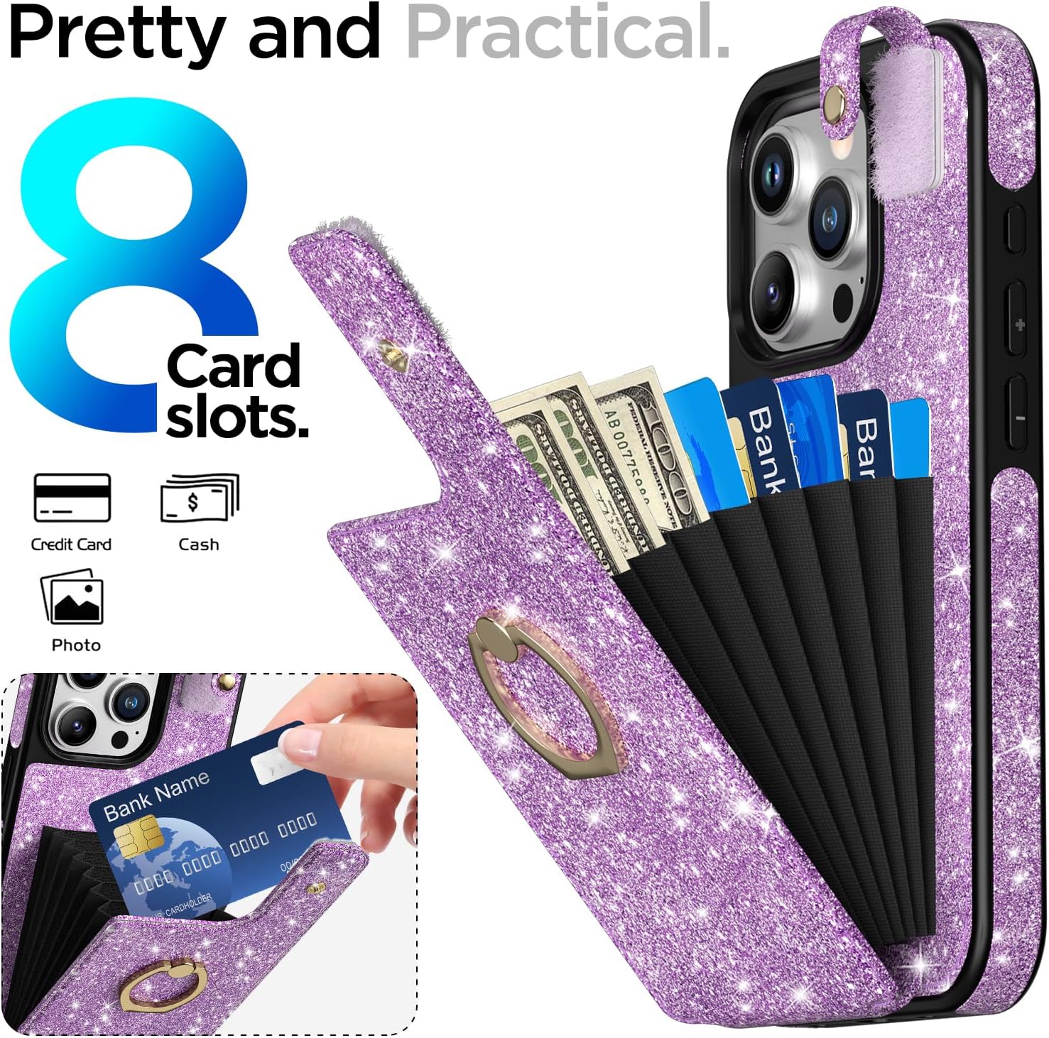 AICase Funda para tarjetas compatible con iPhone 15 Pro Max, funda protectora con purpurina brillante para mujer con soporte de anillo y 8 ranuras