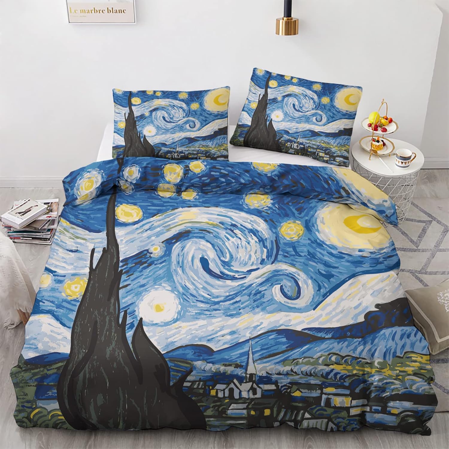 Impresionismo funda de edredón tamaño Queen  Juego de ropa de cama de noche estrellada  3 piezas  Funda de edredón con patrón de microfibra suave