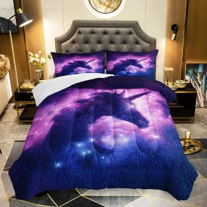 AILONEN Juego de edredón de unicornio espacial morado, juego de ropa de cama superior para niños adolescentes y niños, juegos de cama de galaxia AILONEN Juego de edredón de unicornio espacial morado, juego de ropa de cama superior para niños adolescentes y niños, juegos de cama de galaxia