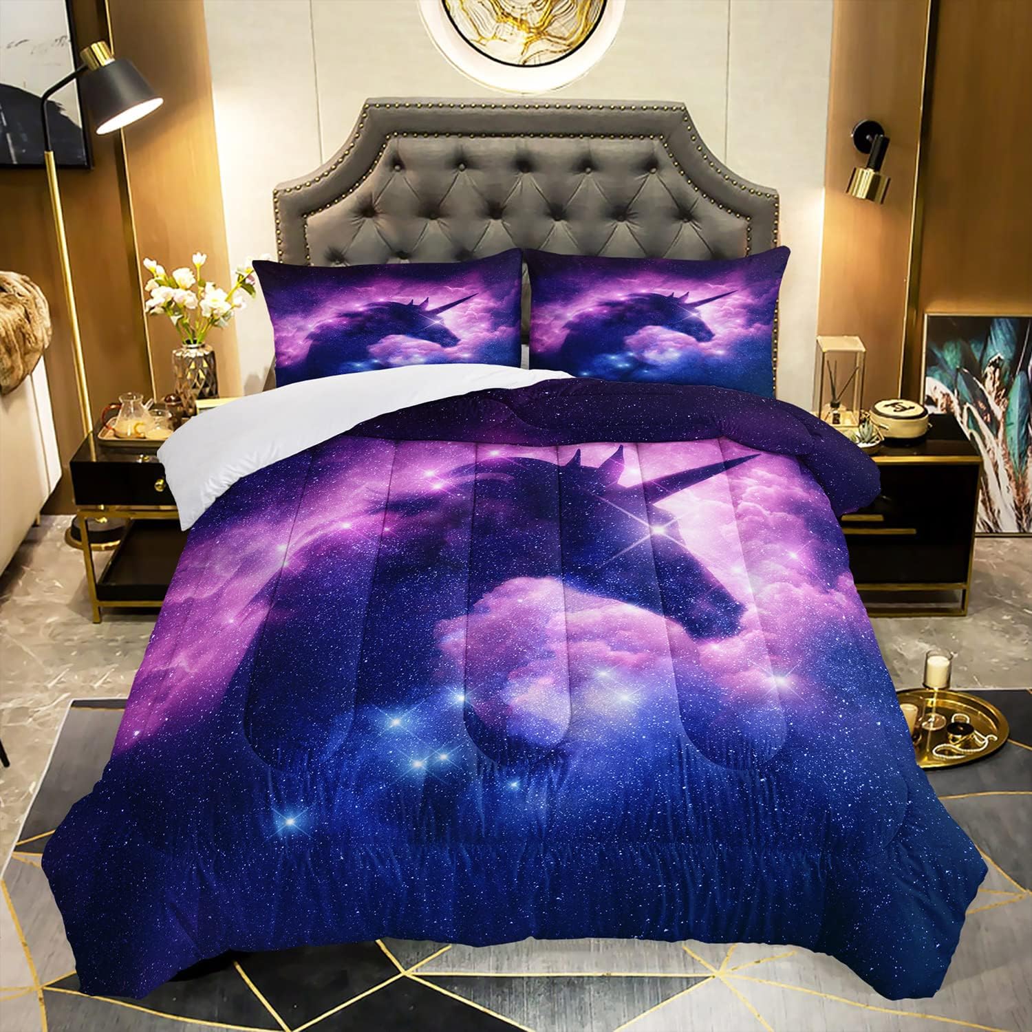 AILONEN Juego de edredón de unicornio espacial morado, juego de ropa de cama superior para niños adolescentes y niños, juegos de cama de galaxia