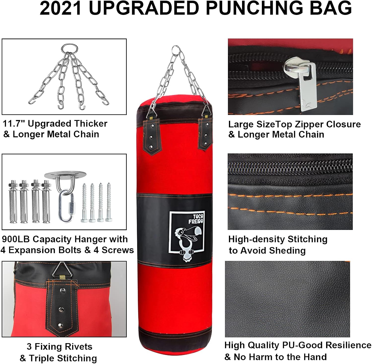 TOCO FREIDO Juego de saco de boxeo pesado sin relleno para adultos y niños, juego de kickboxing con gancho de techo, cadena de acero, bolsa pesada