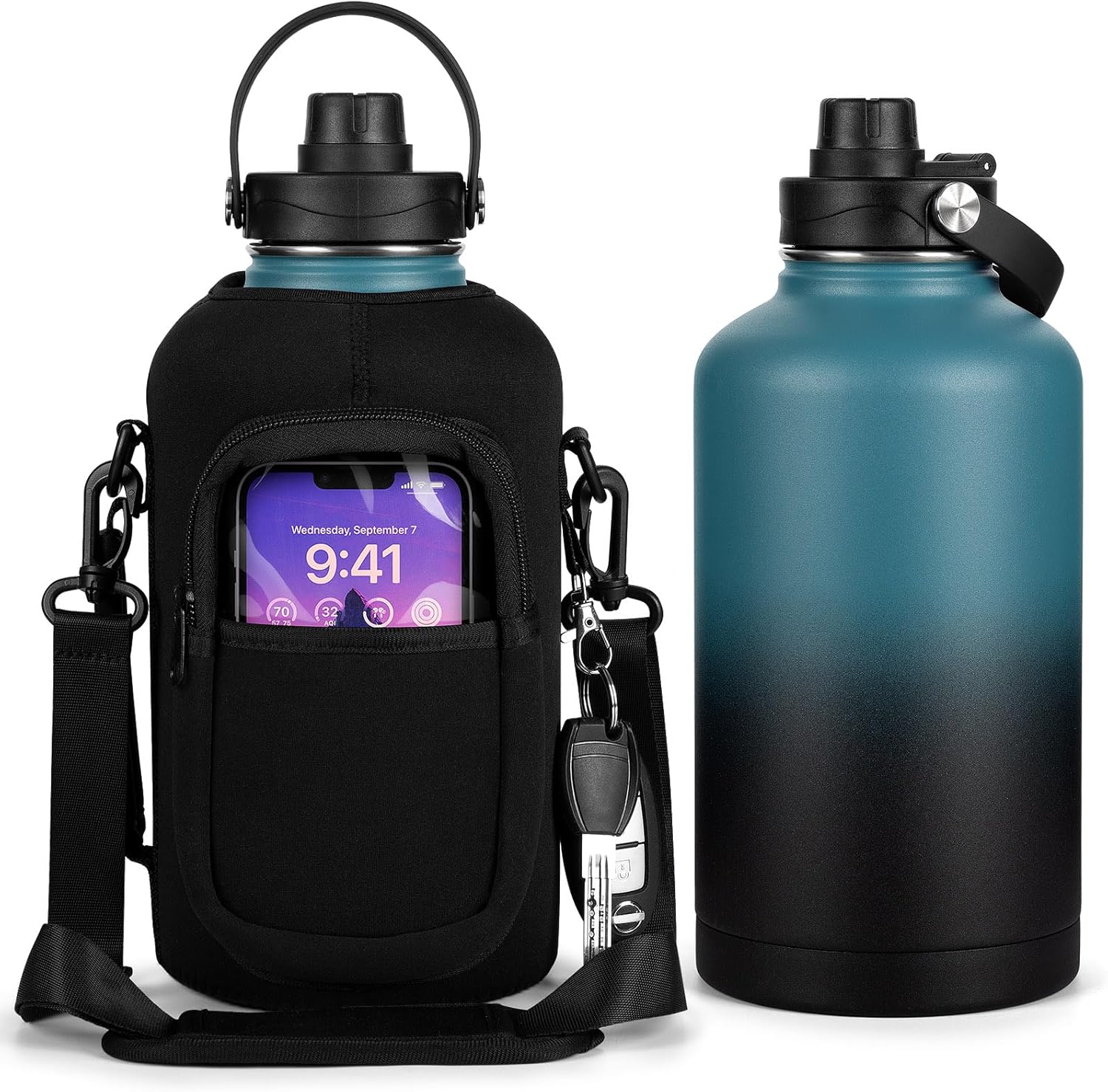 futaiphy Botella de agua aislada de 64 onzas, jarra de agua deportiva de acero inoxidable al vacío de medio galón con manga, botella de agua de