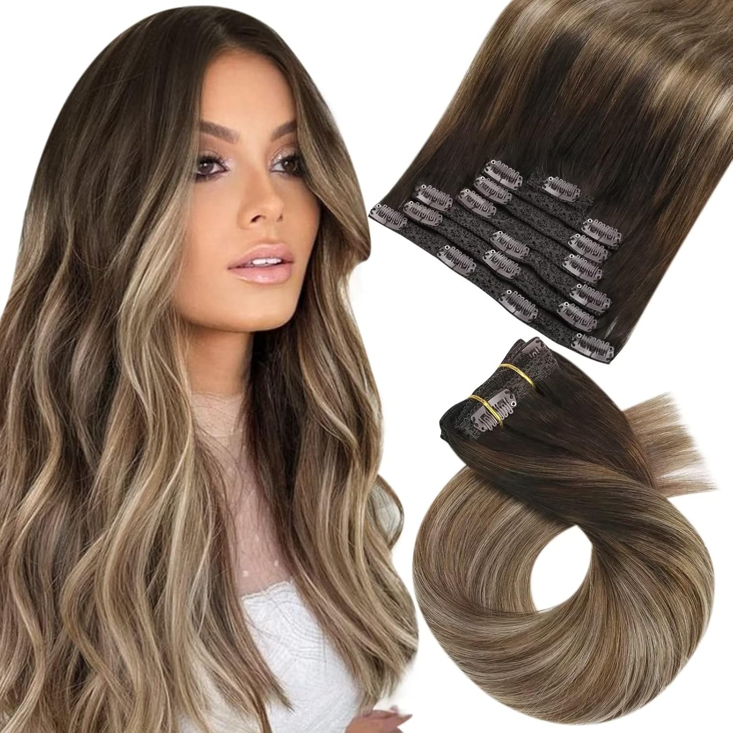 Moresoo – Extensiones de cabello humano Remy con pinzas, balayage, color degradado, trama doble, cabello grueso, para toda la cabeza, 20 pulgadas,