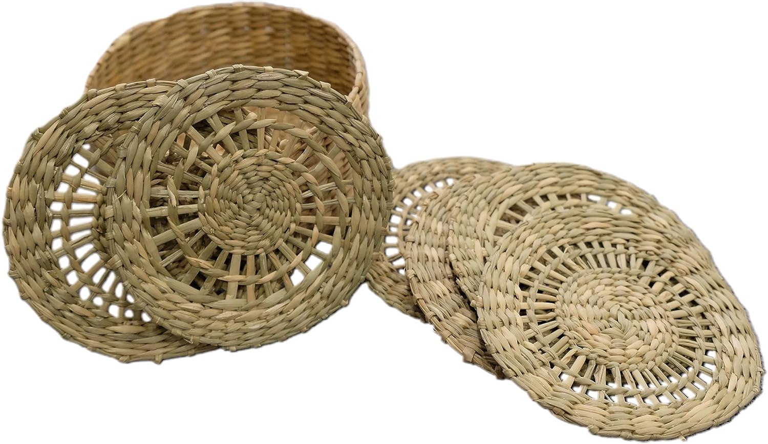 Juego de 6 posavasos de hierba marina con soporte, posavasos hechos a mano, posavasos de algas marinas tejidas naturales, posavasos de jacinto de